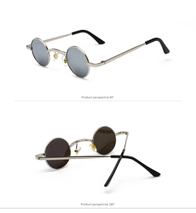 Steampunk small round sunglasses with silver metal frame and 90 to 180 degree view angles