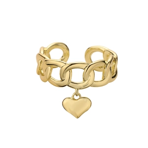 18K gold plated chain ring with a polished heart pendant and adjustable open band