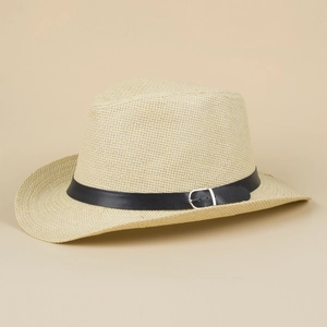 Detail of light beige straw fedora featuring a black leather band and silver buckle