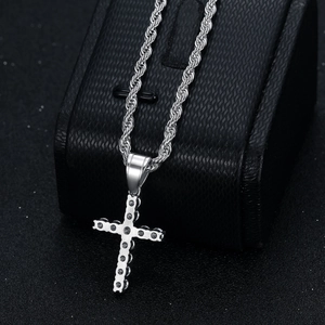 Silver stainless steel hiphop cross pendant necklace with clear CZ stones on rope chain