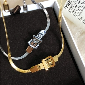 Flat snake bone chain necklace with creative belt buckle pendant in gold and silver