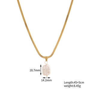 Detailed view of gold snake chain necklace with pearl pendant dimensions and weight