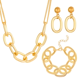 Minimalist gold chain jewelry set featuring chunky oval link necklace, bracelet, and earrings