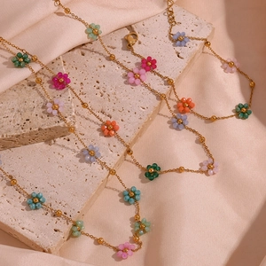 Handmade Colorful Bead Flower Necklace 316L Stainless Steel 18K Gold Plated Bohemian Floral Jewelry For Women