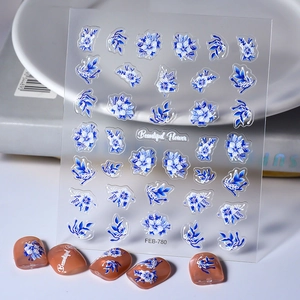 5D Embossed Nail Art Stickers Waterproof Self Adhesive Floral Flower Blue White Porcelain Style Sweet Decor For Women Girls