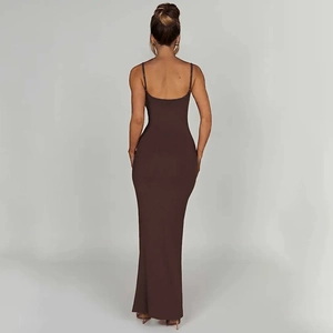 Back view of brown slim fit backless maxi dress showing the elegant tailoring