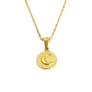 Gold stainless steel necklace featuring a sun and moon pendant with hammered texture detail