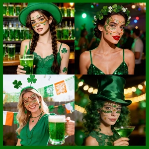 Detail of waterproof St. Patrick's Day shamrock freckle face tattoos on model in party scene