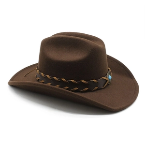 Classic dark brown felt western cowboy hat with braided leather band and turquoise detail