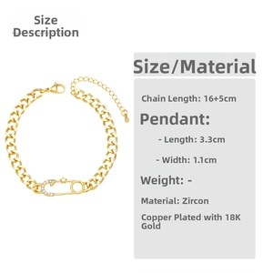 Detailed size specifications for 18K gold plated safety pin bracelet with star charm