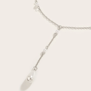 Elegant silver tassel necklace with white water-drop pearl pendant and minimalist chain