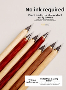 Detail view of various wooden texture eternal pencils with alloy nibs and smooth finish