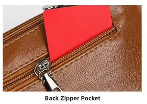 Detailed back view of brown lychee grain leather handbag with secure zipper pocket