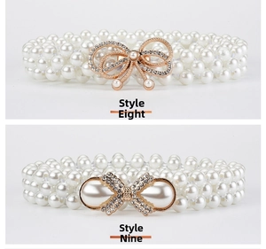 Detail view of pearl elastic belts Style 8 and Style 9 with rhinestone bow buckles
