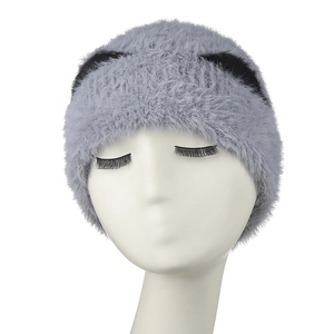 Gray fuzzy knit beanie with black cat ears for women, oversized warm winter style