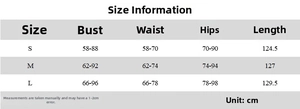 Detailed size chart for the backless split maxi dress with bust and waist measurements