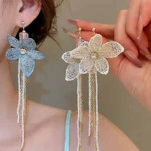 Flower Long Tassel Earrings Mesh Lace Zircon Artificial Pearl Beads Elegant Floral Jewelry With Silver Earring Post