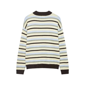 Relaxed multi-color striped long sleeve knit sweater with ribbed polo collar and cuffs