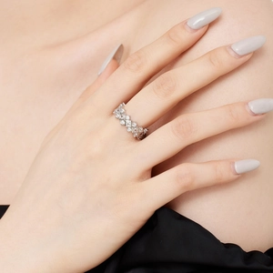 Close-up of S925 sterling silver ring featuring geometric pavé-set square patterns