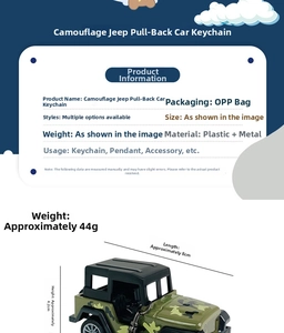 Detail view of 8cm camouflage jeep keychain showing specific product size and dimensions
