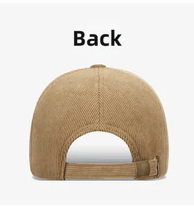 Detail view of khaki corduroy baseball cap showing the adjustable metal buckle on back