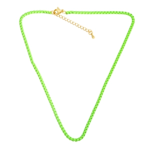 Detail of neon green enamel box chain necklace with golden lobster clasp and extender