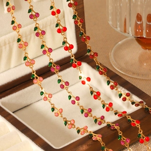 Stainless Steel Cherry Daisy Flower Leaf Necklace Bracelet Colorful Enamel Fruit Plant Charms Delicate Chain Jewelry For Women
