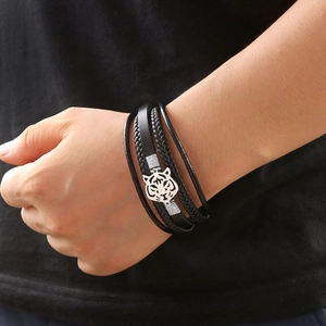 Black multi-layer braided leather bracelet with silver tiger head pendant for men