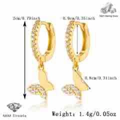 Detailed dimensions of gold S925 silver butterfly earrings with CZ stones measuring 2cm high