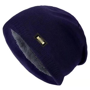 Winter thermal knit beanie in dark purple with thick fleece lining and leather patch