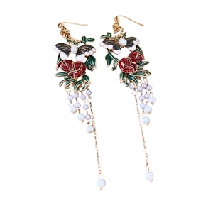 Vintage gold butterfly and red flower earrings with elegant pearl tassel drop pendant