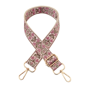 Ethnic style embroidered replacement shoulder strap with beige floral pattern and gold hooks