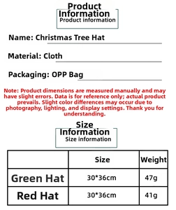 Size chart for Christmas tree hats in red and green colors with dimensions 30x36cm