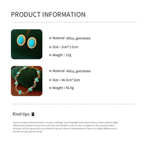 Detailed size and material chart for vintage oval blue gemstone necklace and earrings set