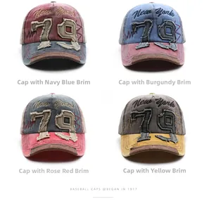 Detail view of four vintage washed baseball caps featuring embroidered New York text and 79 patch