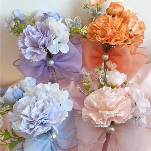 Elegant floral silk carnation pens with ribbon bows and pearls in four pastel colors