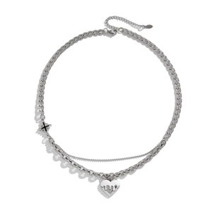 Silver double layer heart pendant necklace with star charm for hip hop fashion