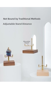 Adjustable brass mineral stand with walnut wood base for crystals and stone displays