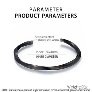 Polished black twisted stainless steel open cuff bracelet with 74x4mm dimensions