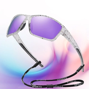 Polarized sports sunglasses with purple lenses and black-white frame plus sports strap