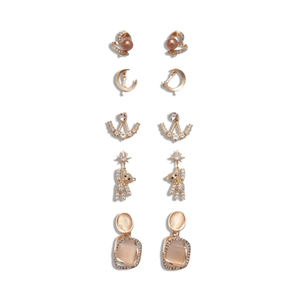 Set of 5 pairs of gold-tone stud earrings with rhinestones, pearls and moon charms