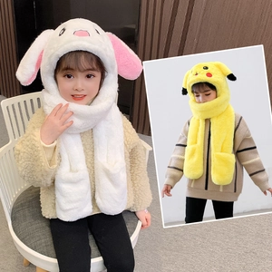 Cartoon Animal Plush Integrated Hat Scarf Gloves Moving Ears Airbag LED Glowing Winter Warm Faux Fur For Kids Girls