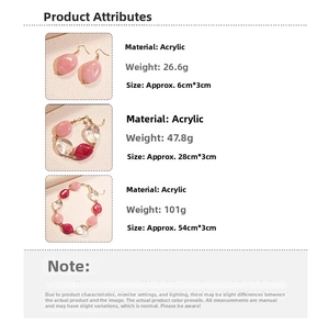Detailed size and weight specs for acrylic oval beaded necklace, bracelet and earrings