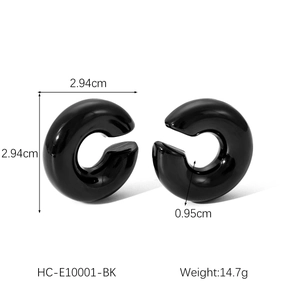 Detailed size specifications for minimalist black C-shaped stainless steel hoop earrings
