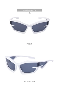 Close-up of Y2K futuristic white frame sunglasses with gray lenses from multiple angles