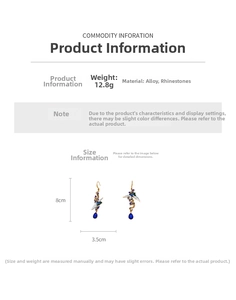 Detail view of crane drop earrings with alloy material, rhinestones, and blue teardrop gems
