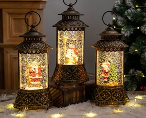 Vintage bronze Christmas lantern with spinning sequins and Santa Claus snowy scene decor