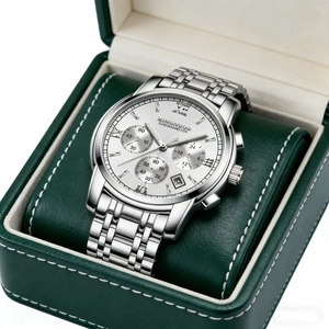 Close-up of elegant men's stainless steel watch with luminous dial in green gift box