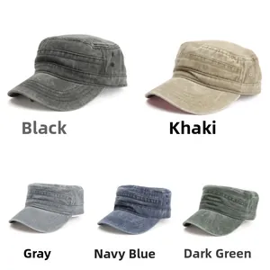 Set of five colors of vintage washed cotton flat top army hats with metal air holes