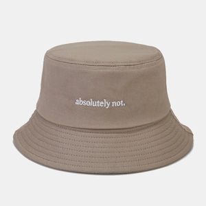 Close-up of 'absolutely not.' embroidery on khaki cotton canvas bucket hat detail
